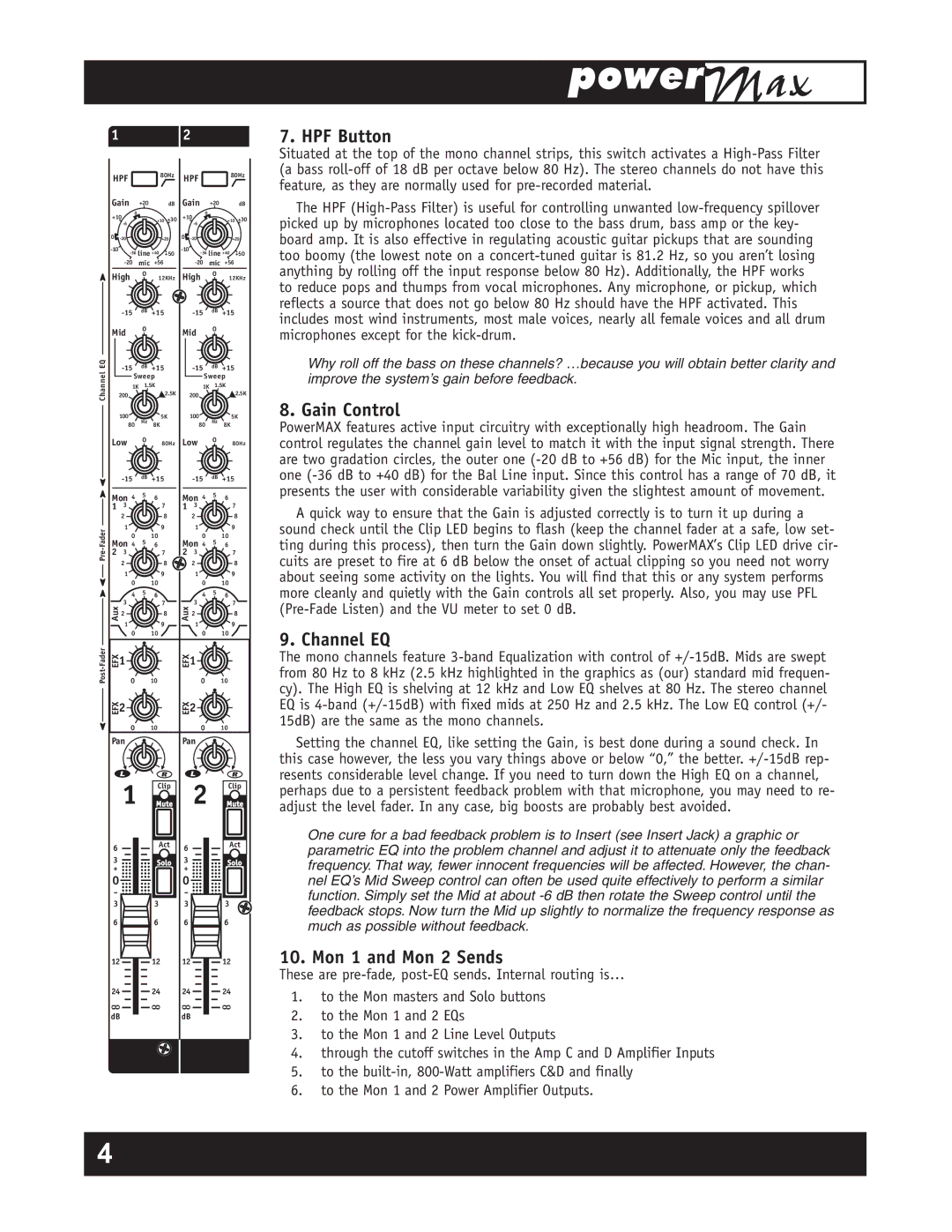 Yorkville Sound YS1011 owner manual HPF Button, Gain Control, Channel EQ, Mon 1 and Mon 2 Sends 