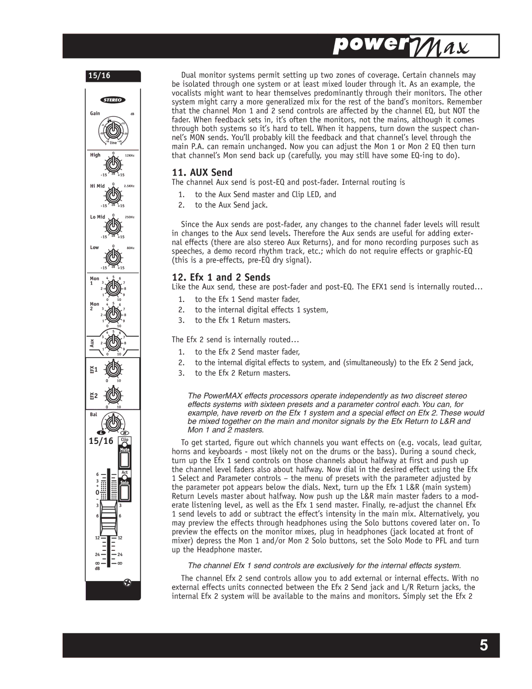 Yorkville Sound YS1011 owner manual AUX Send, Efx 1 and 2 Sends 