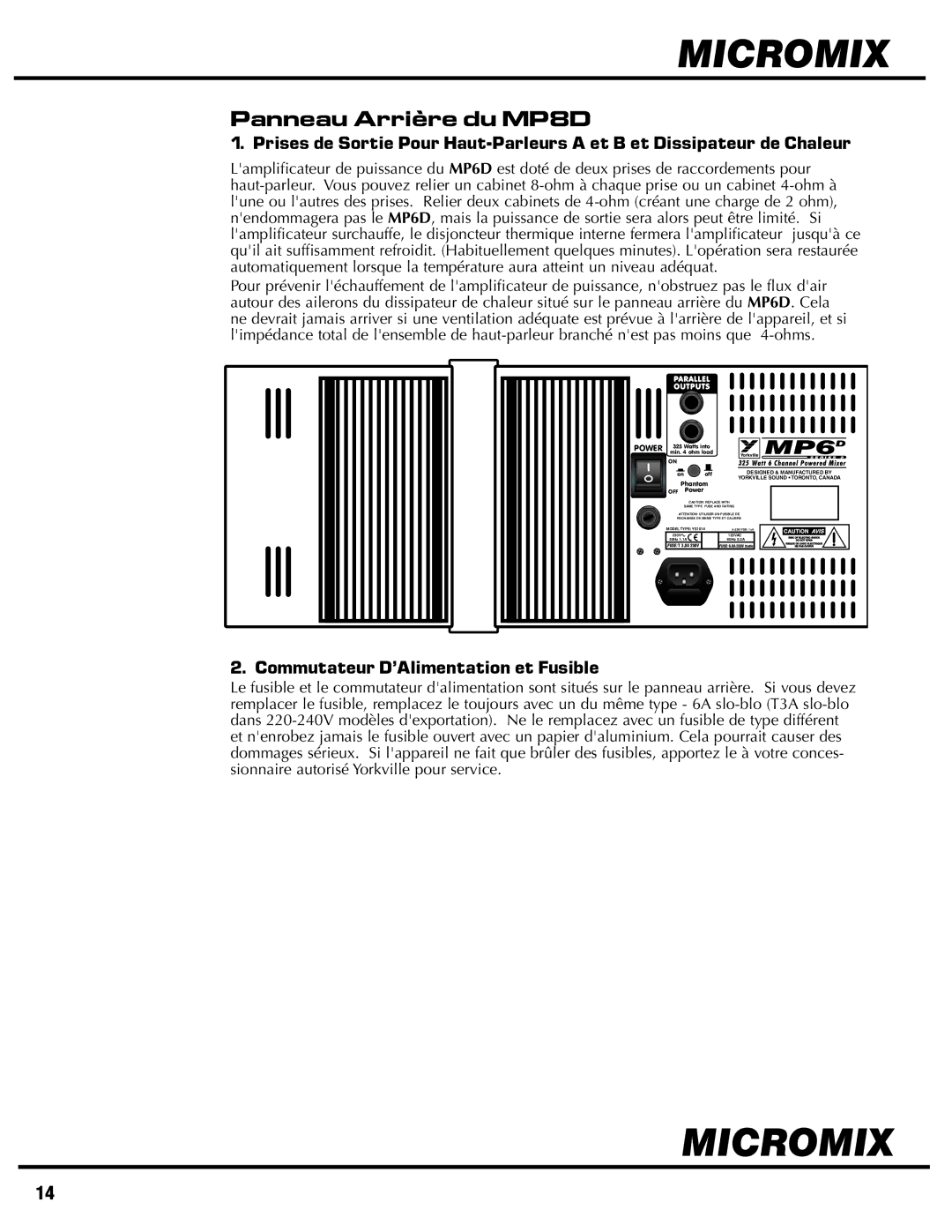 Yorkville Sound YS1014 owner manual Panneau Arrière du MP8D, Commutateur D’Alimentation et Fusible 