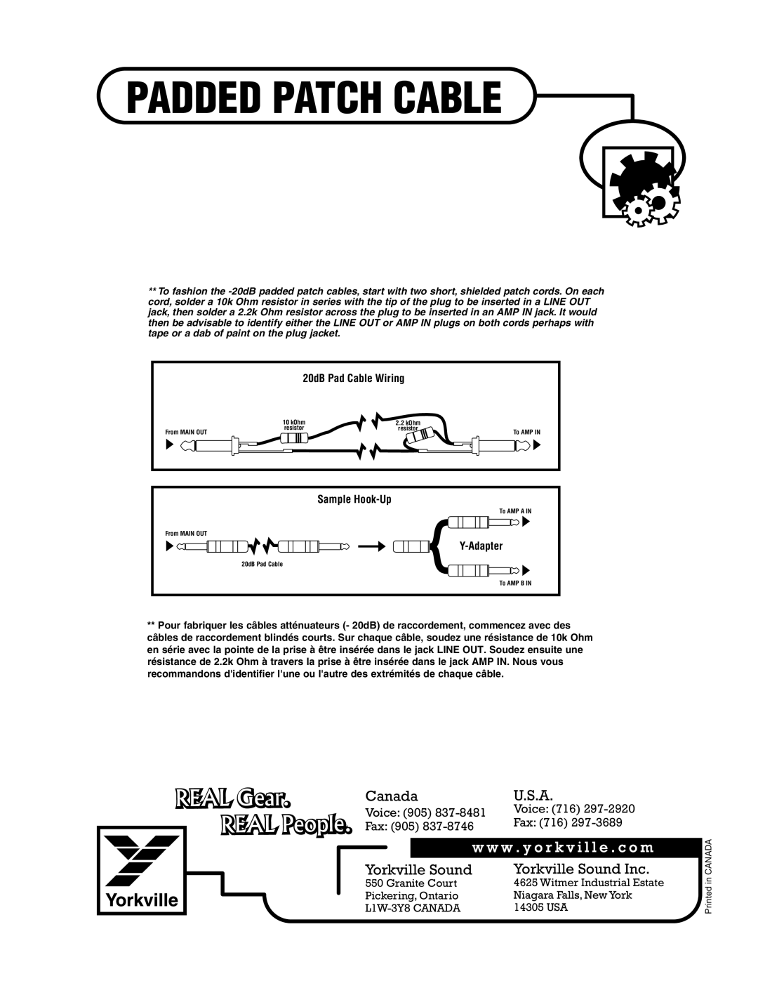 Yorkville Sound YS1014 owner manual Padded Patch Cable 