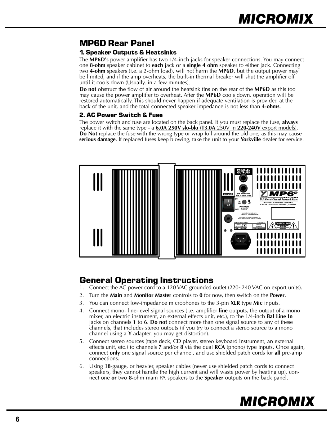 Yorkville Sound YS1014 owner manual MP6D Rear Panel, General Operating Instructions, Speaker Outputs & Heatsinks 