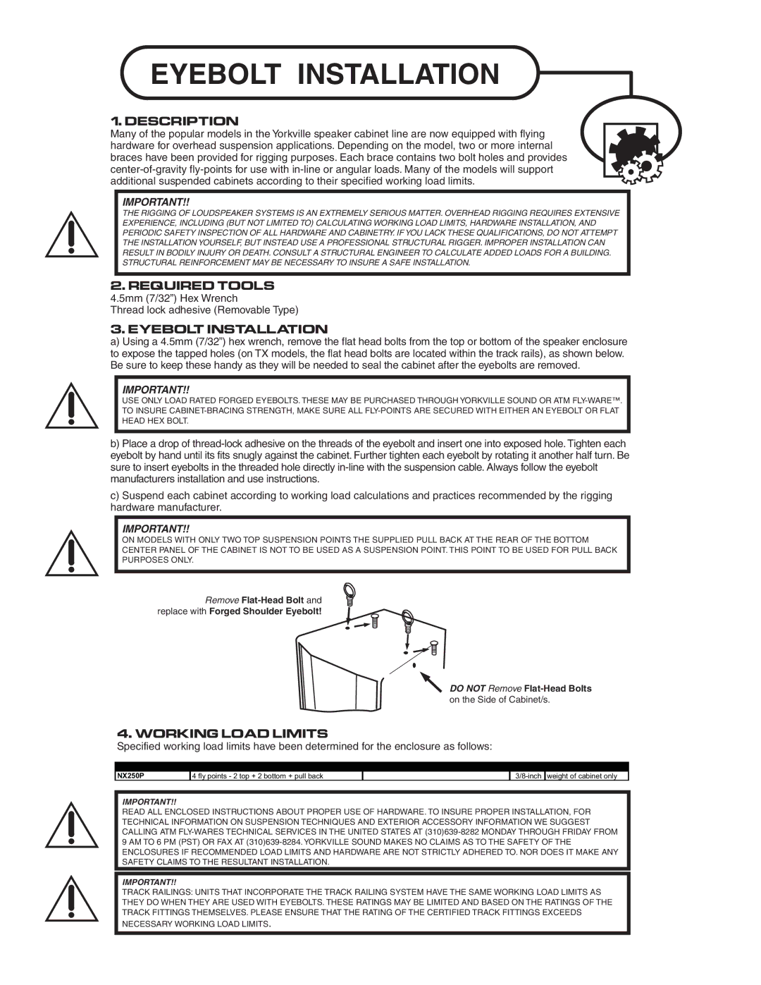 Yorkville Sound YS1030 owner manual Eyebolt Installation 