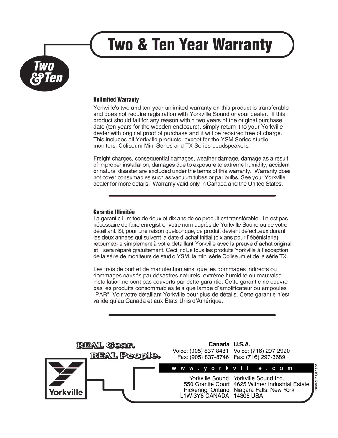 Yorkville Sound YS1030 owner manual Two & Ten Year Warranty 