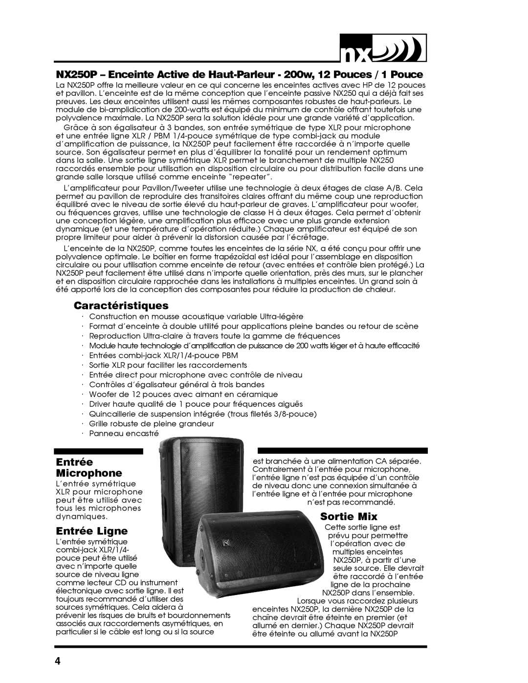 Yorkville Sound YS1030 owner manual Caractéristiques, Entrée Microphone, Entrée Ligne, Sortie Mix 