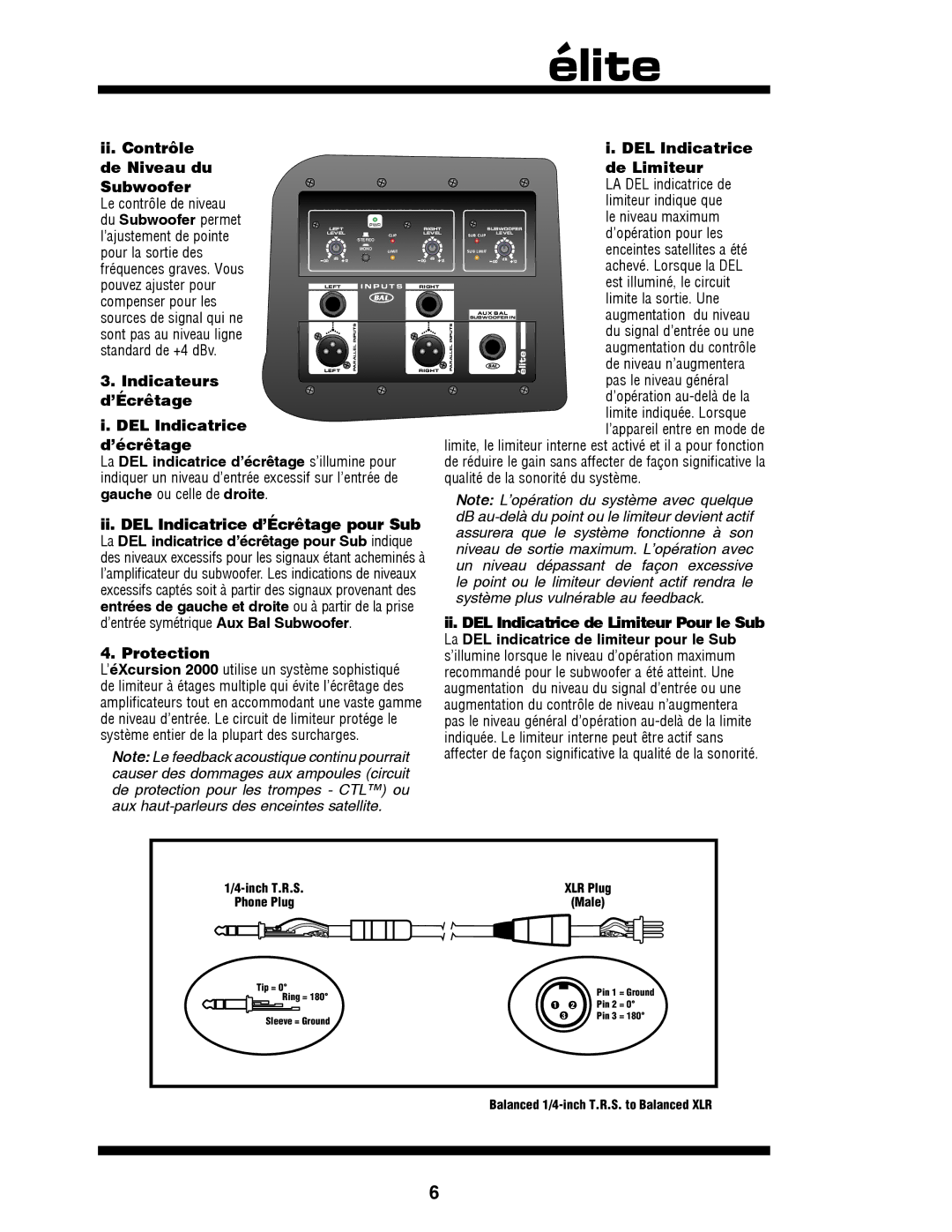 Yorkville Sound YS1031 owner manual Indicateurs, ’Écrêtage, Ii. DEL Indicatrice de Limiteur Pour le Sub 