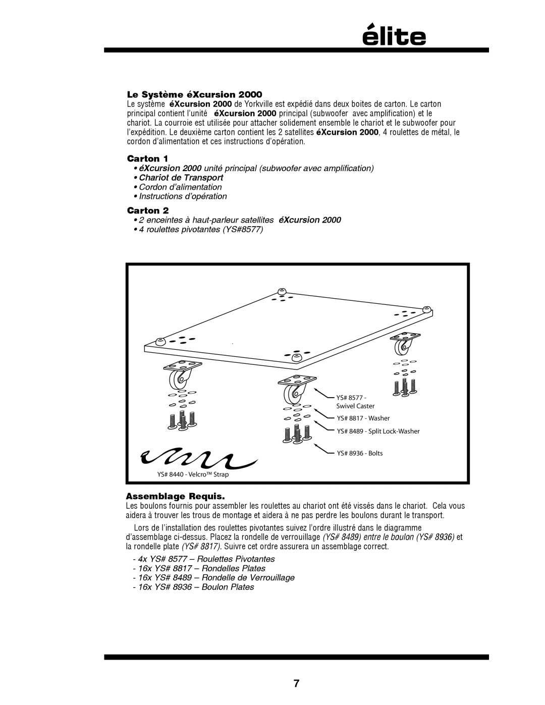 Yorkville Sound YS1031 owner manual Le Système éXcursion, Assemblage Requis 