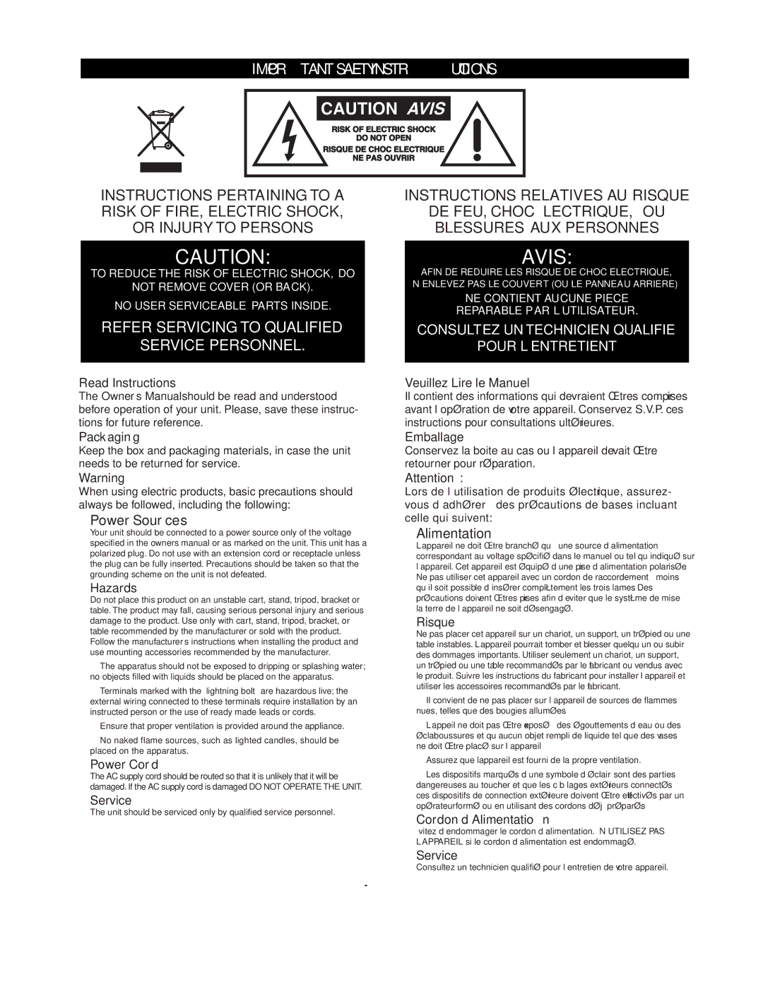 Yorkville Sound YS1036 Read Instructions, Veuillez Lire le Manuel, Packaging, Emballage, Hazards, Power Cord, Service 