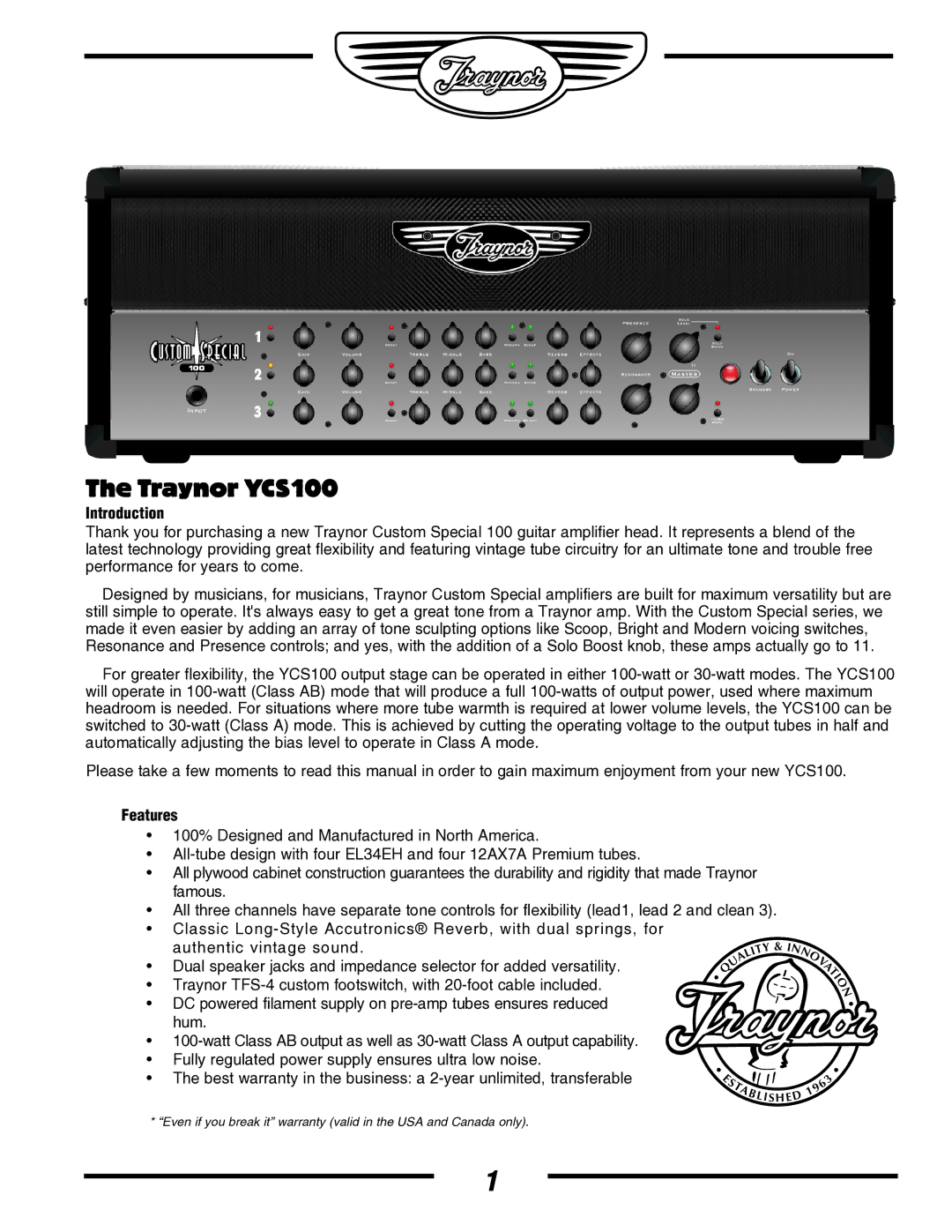 Yorkville Sound YS1036 owner manual Traynor YCS100, Introduction, Features 