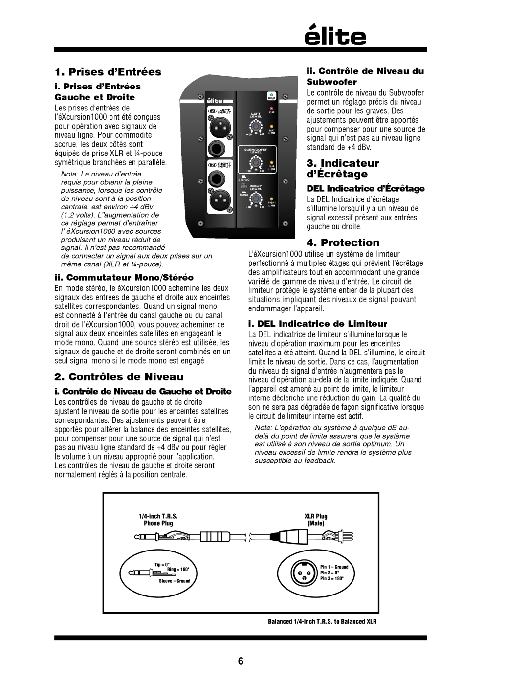 Yorkville Sound YS1043 owner manual Prises d’Entrées, Indicateur, ’Écrêtage, Contrôles de Niveau 