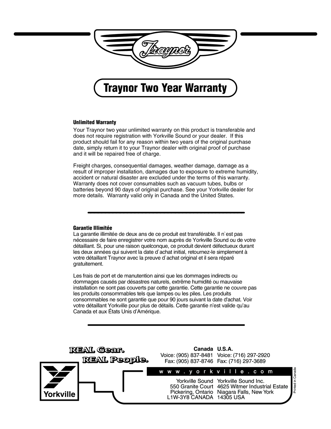 Yorkville Sound YS1044 owner manual Unlimited Warranty, Garantie Illimitée, Canada 