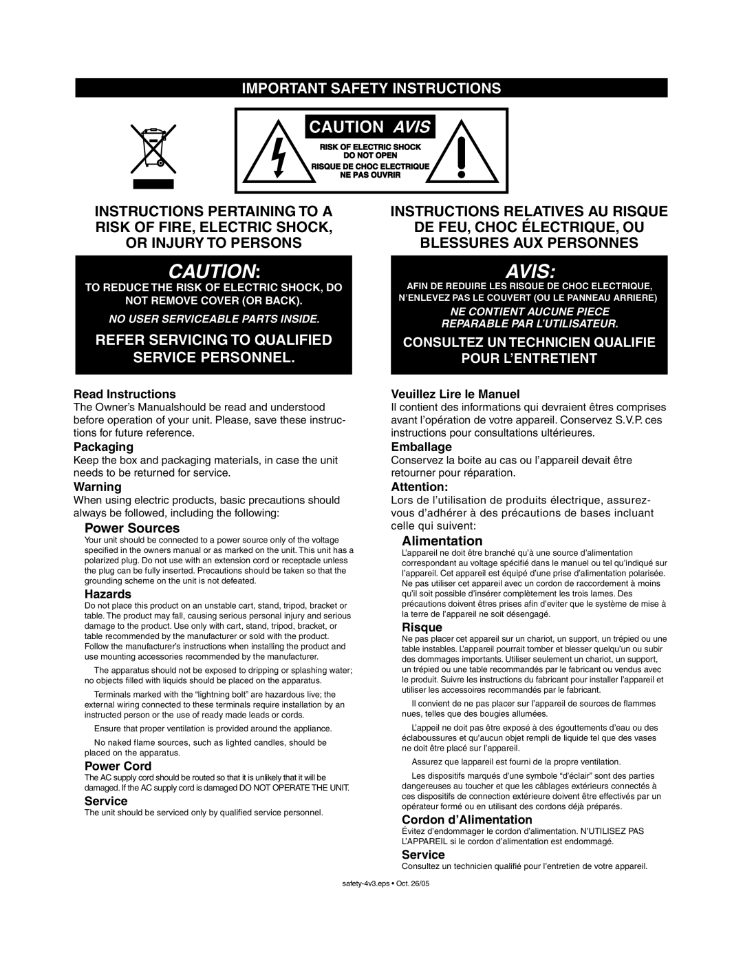 Yorkville Sound YS1044 Read Instructions, Veuillez Lire le Manuel, Packaging, Emballage, Hazards, Power Cord, Service 