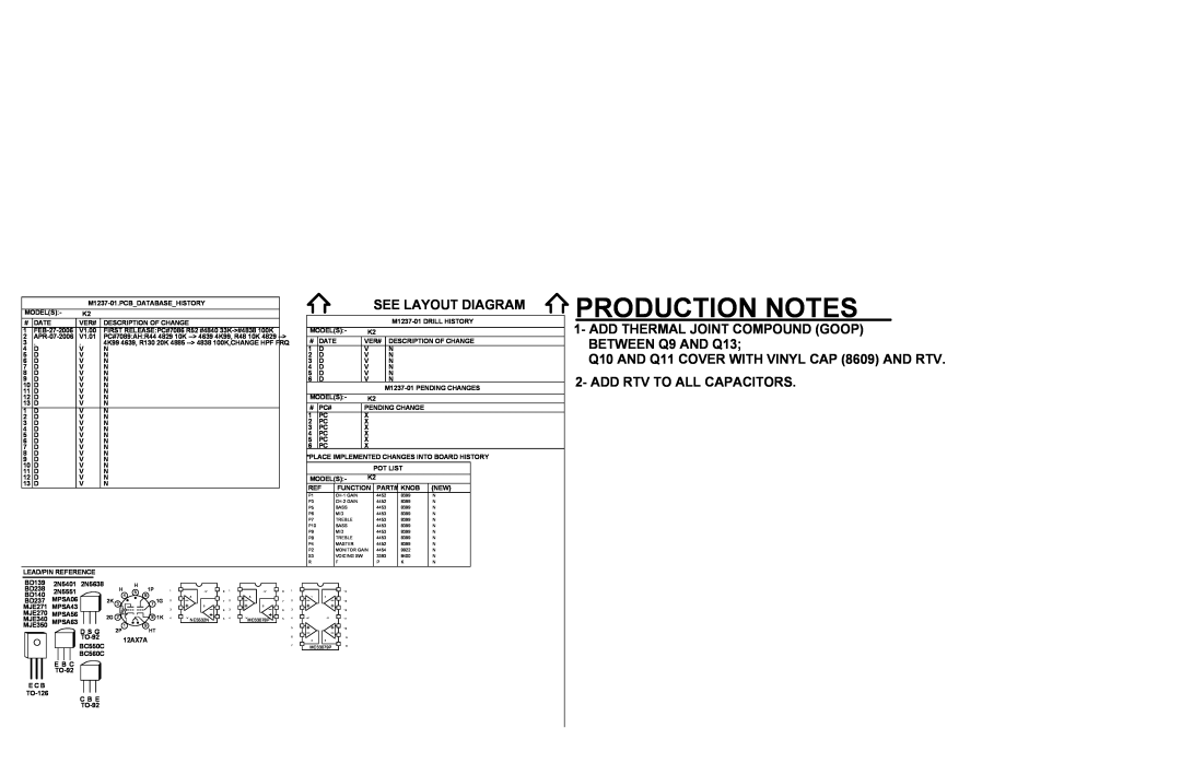 Yorkville Sound YS1044 service manual Production Notes, See Layout Diagram, Q10 AND Q11 COVER WITH VINYL CAP 8609 AND RTV 