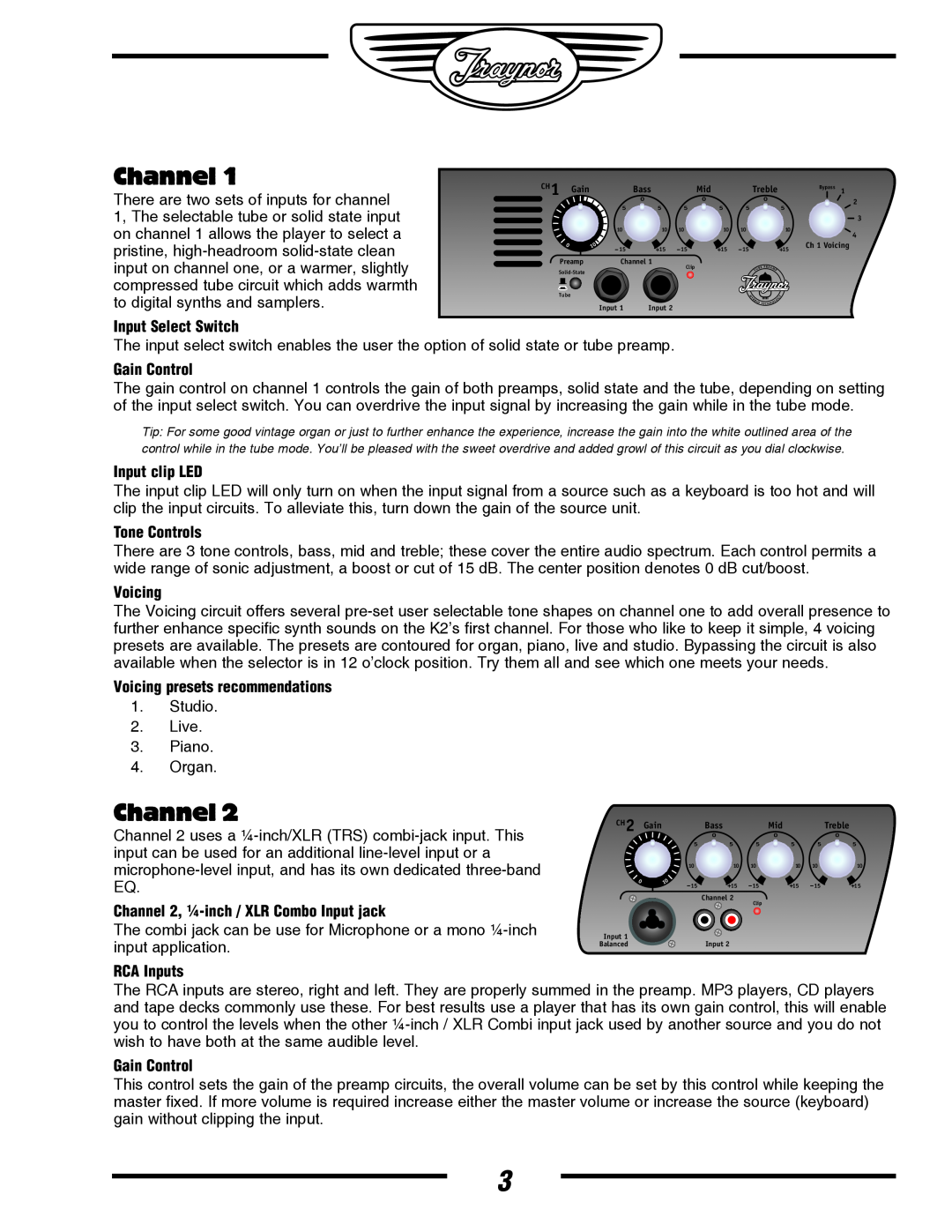 Yorkville Sound YS1044 Channel, Input Select Switch, Gain Control, Input clip LED, Tone Controls, Voicing, RCA Inputs 