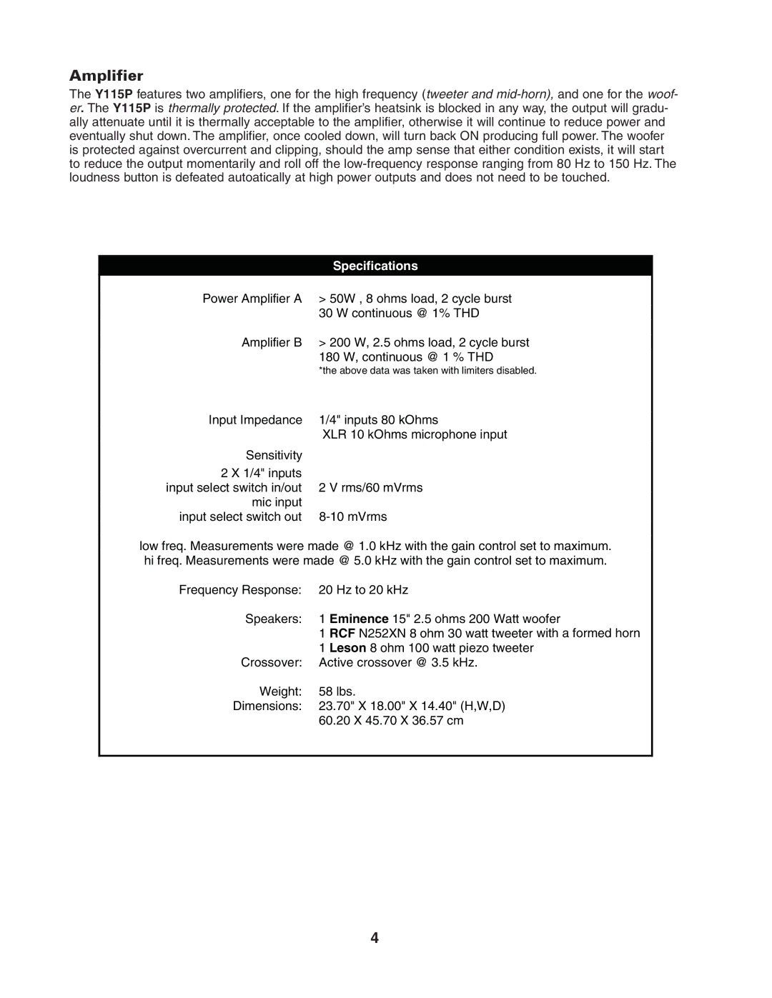 Yorkville Sound YS1068 owner manual Amplifier, Specifications 