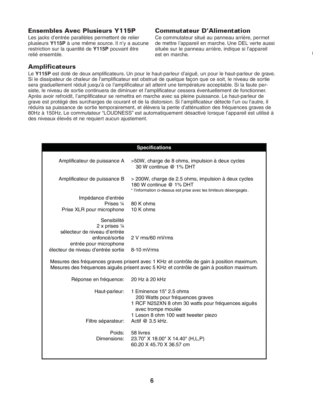 Yorkville Sound YS1068 owner manual Ensembles Avec Plusieurs Y115P, Commutateur D’Alimentation, Amplificateurs 