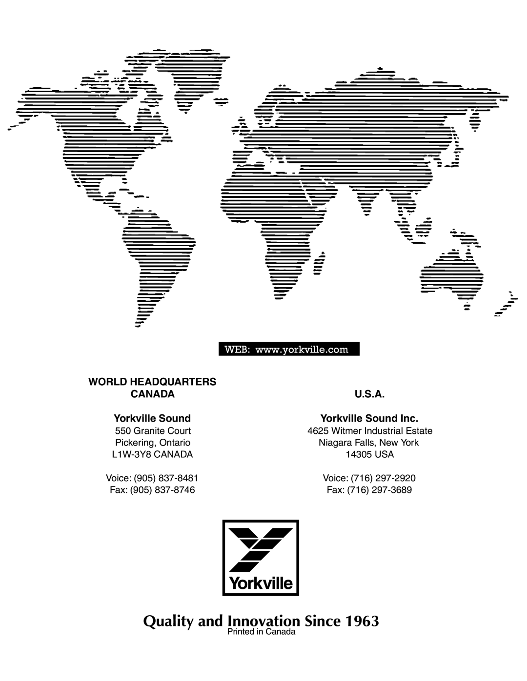 Yorkville Sound YS1068 owner manual Canada, U.S.A, Yorkville Sound Inc, World Headquarters 