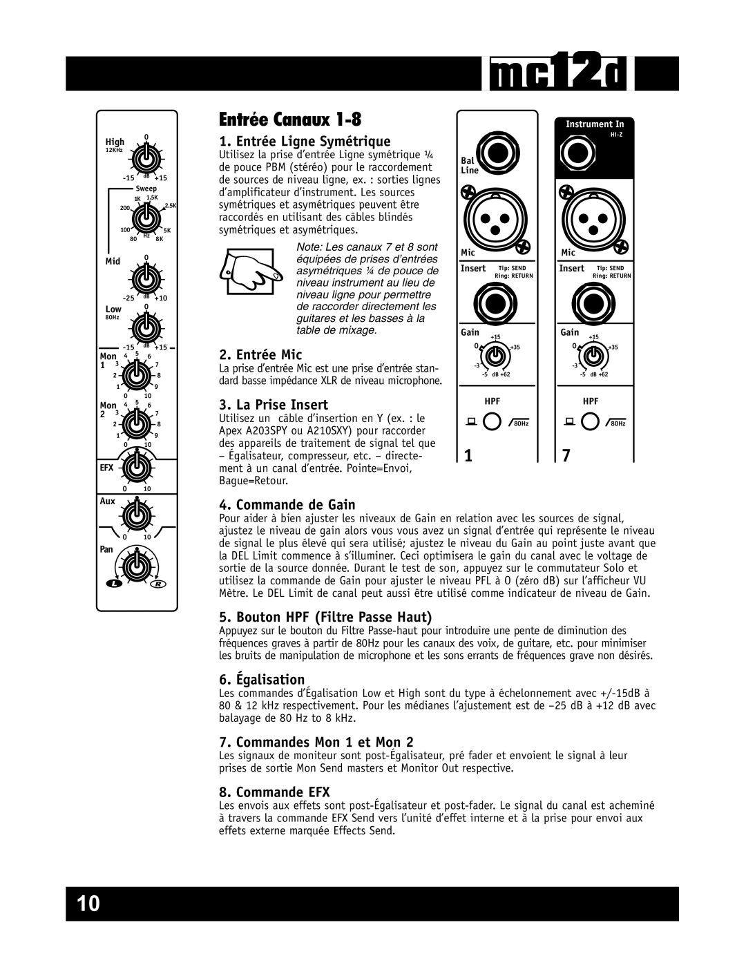 Yorkville Sound YS1080 owner manual Entrée Canaux 