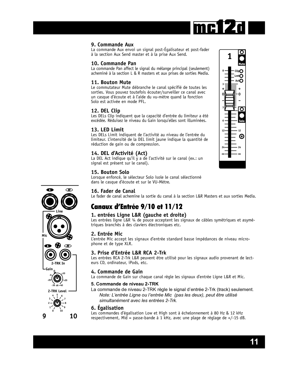 Yorkville Sound YS1080 owner manual Canaux d’Entrée 9/10 et 11/12 