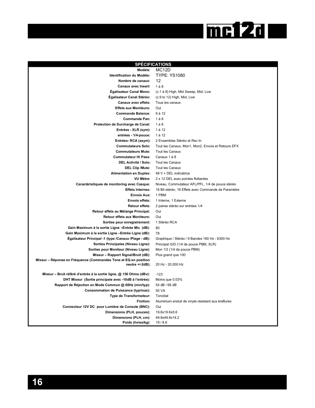 Yorkville Sound YS1080 owner manual Spécifications 