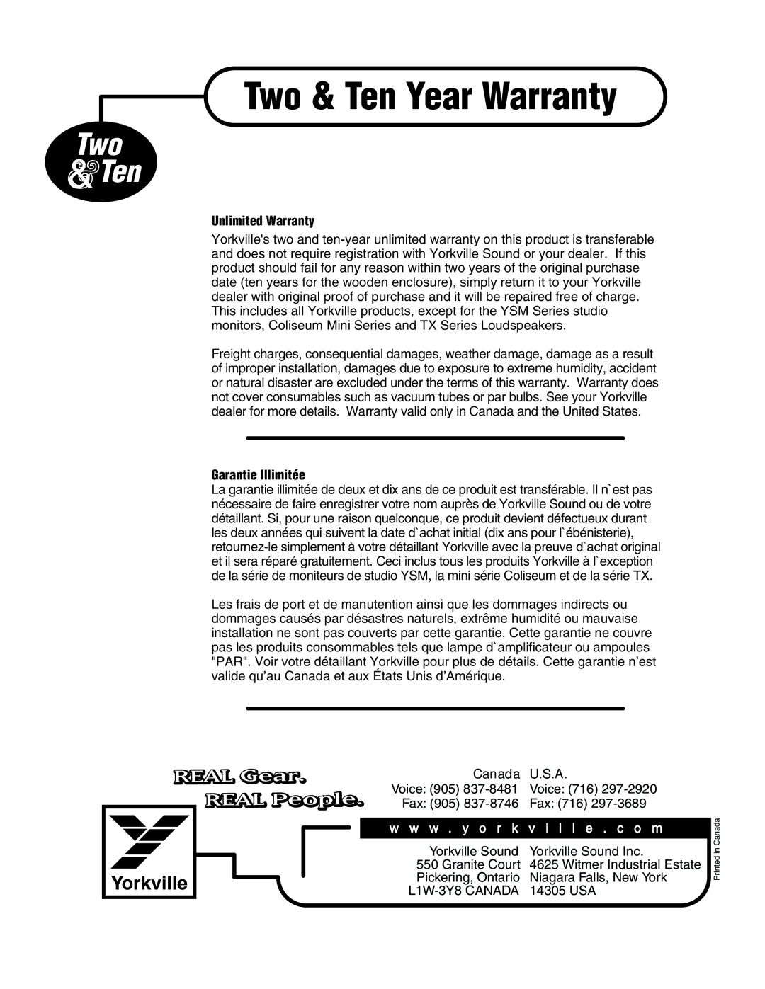 Yorkville Sound YS1080 owner manual Two & Ten Year Warranty 