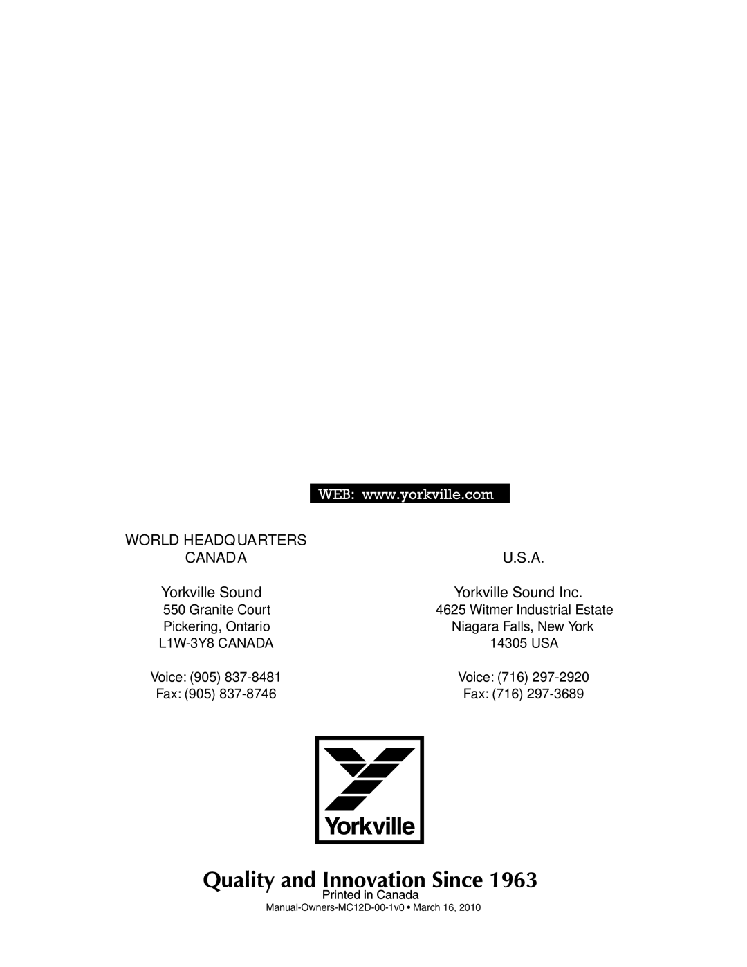 Yorkville Sound YS1080 owner manual Canada 