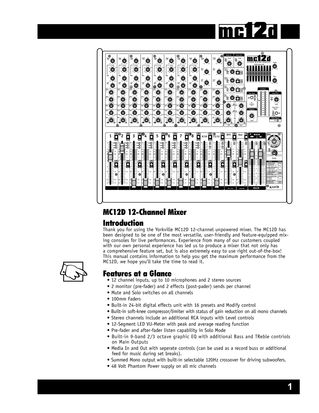 Yorkville Sound YS1080 owner manual MC12D 12-Channel Mixer Introduction, Features at a Glance 