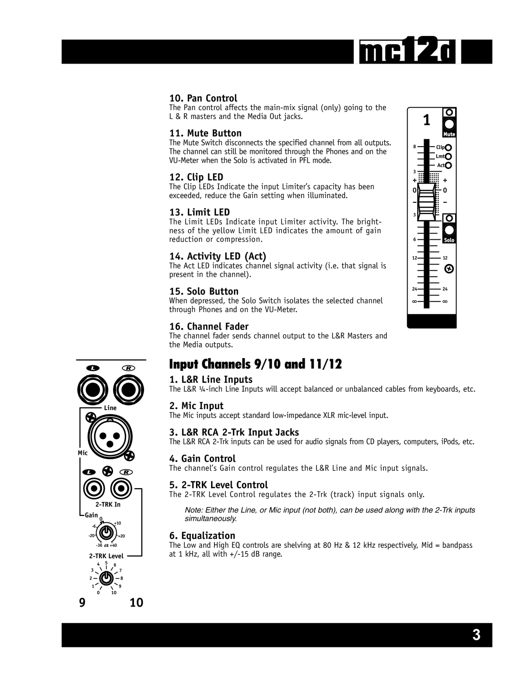 Yorkville Sound YS1080 owner manual Input Channels 9/10 and 11/12 