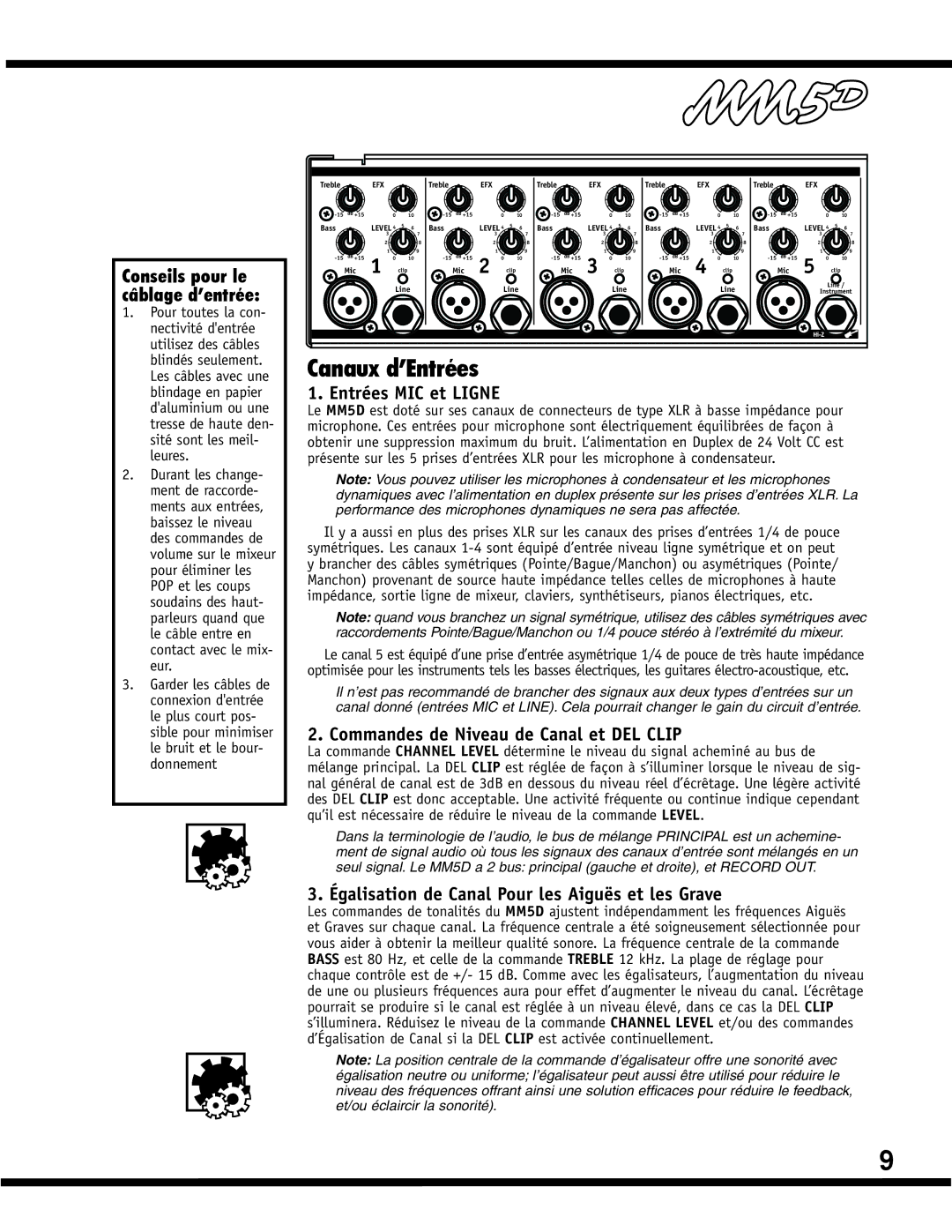 Yorkville Sound YS1083 owner manual Canaux d’Entrées, Entrées MIC et Ligne, Commandes de Niveau de Canal et DEL Clip 