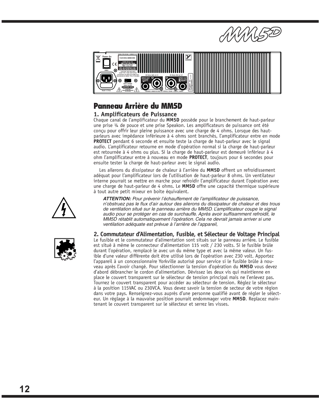 Yorkville Sound YS1083 owner manual Panneau Arrière du MM5D, Amplificateurs de Puissance 