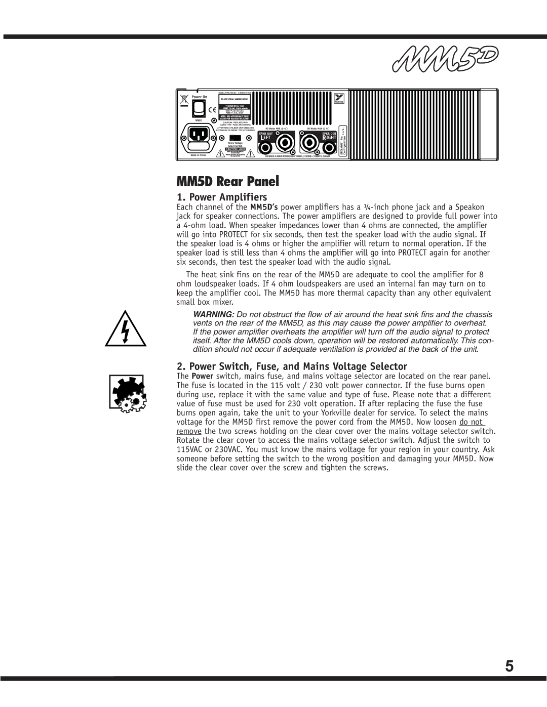 Yorkville Sound YS1083 owner manual MM5D Rear Panel, Power Amplifiers, Power Switch, Fuse, and Mains Voltage Selector 