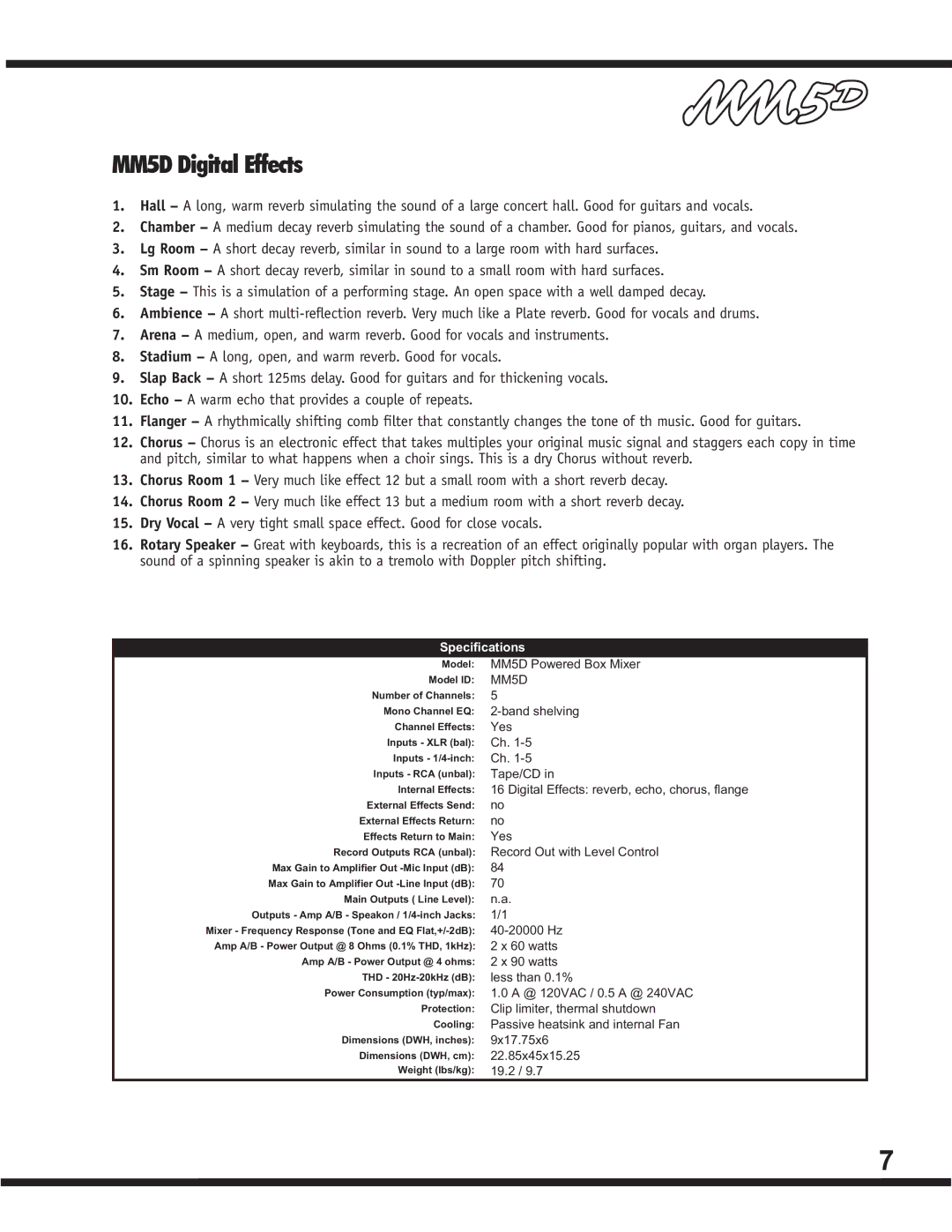 Yorkville Sound YS1083 owner manual MM5D Digital Effects 