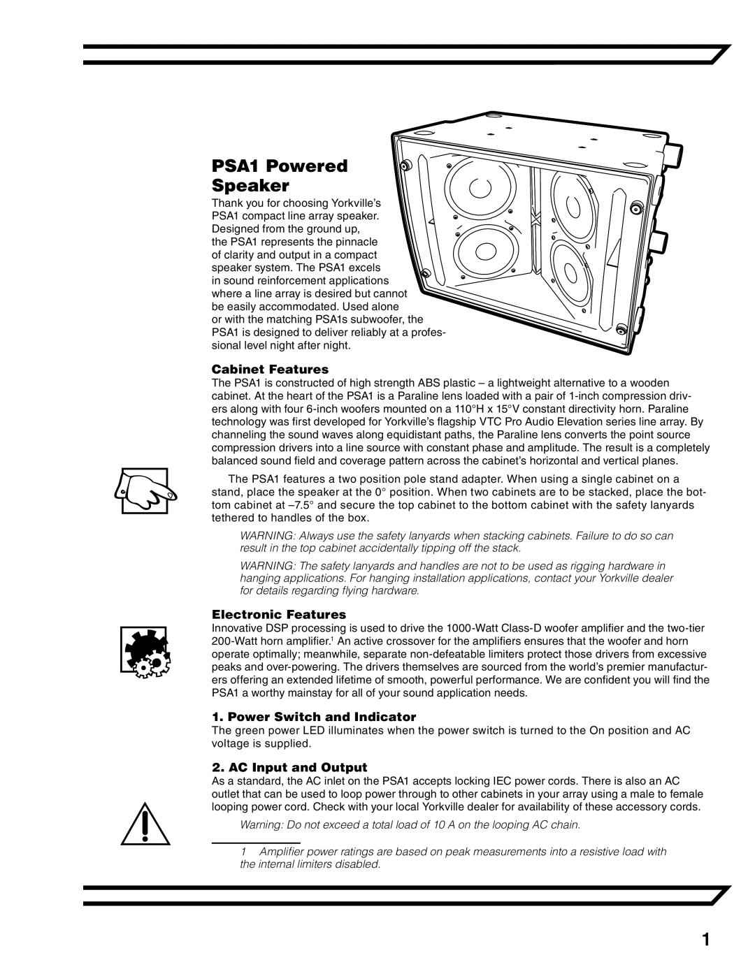 Yorkville Sound YS1098 owner manual PSA1 Powered Speaker, Cabinet Features, Electronic Features, Power Switch and Indicator 