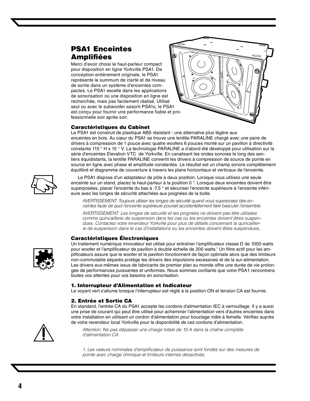 Yorkville Sound YS1098 owner manual PSA1 Enceintes Amplifiées, Caractéristiques du Cabinet, Caractéristiques Électroniques 