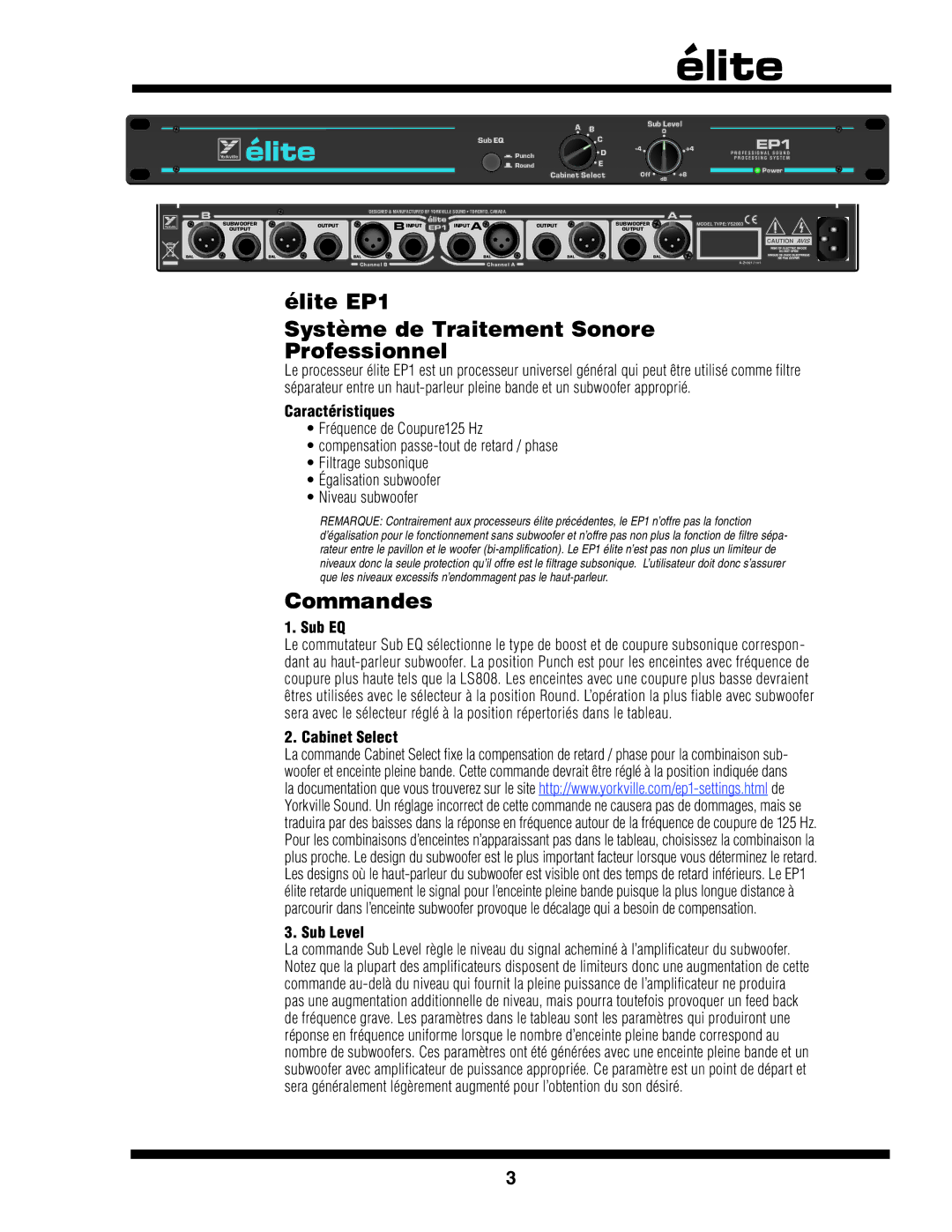 Yorkville Sound YS2003 owner manual Élite EP1 Système de Traitement Sonore Professionnel, Commandes, Caractéristiques 