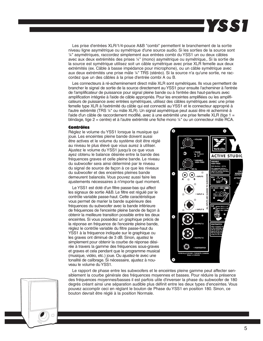 Yorkville Sound YSS1 owner manual Contrôles, Active Studio SU 