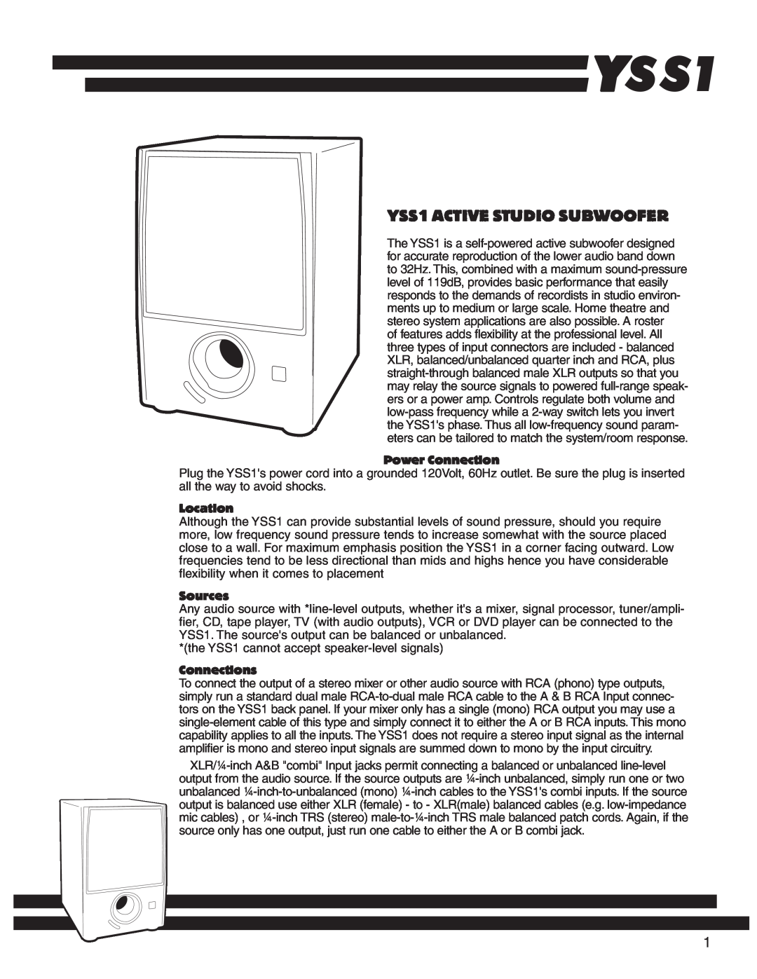 Yorkville Sound owner manual YSS1 ACTIVE STUDIO SUBWOOFER, Power Connection, Location, Sources, Connections 