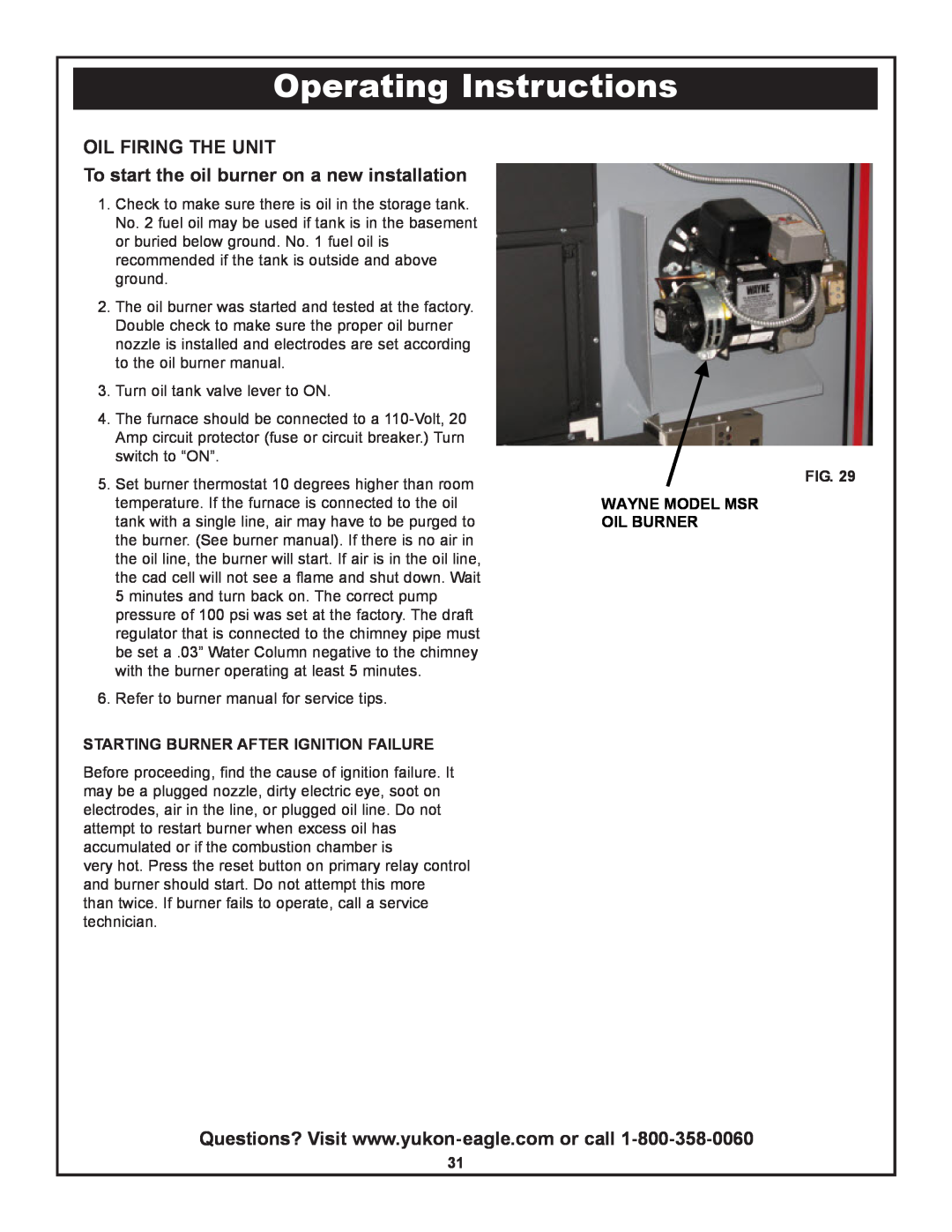 Yukon Advanced Optics Oil Furnace Operating Instructions, Oil Firing The Unit, Starting Burner After Ignition Failure, Fig 