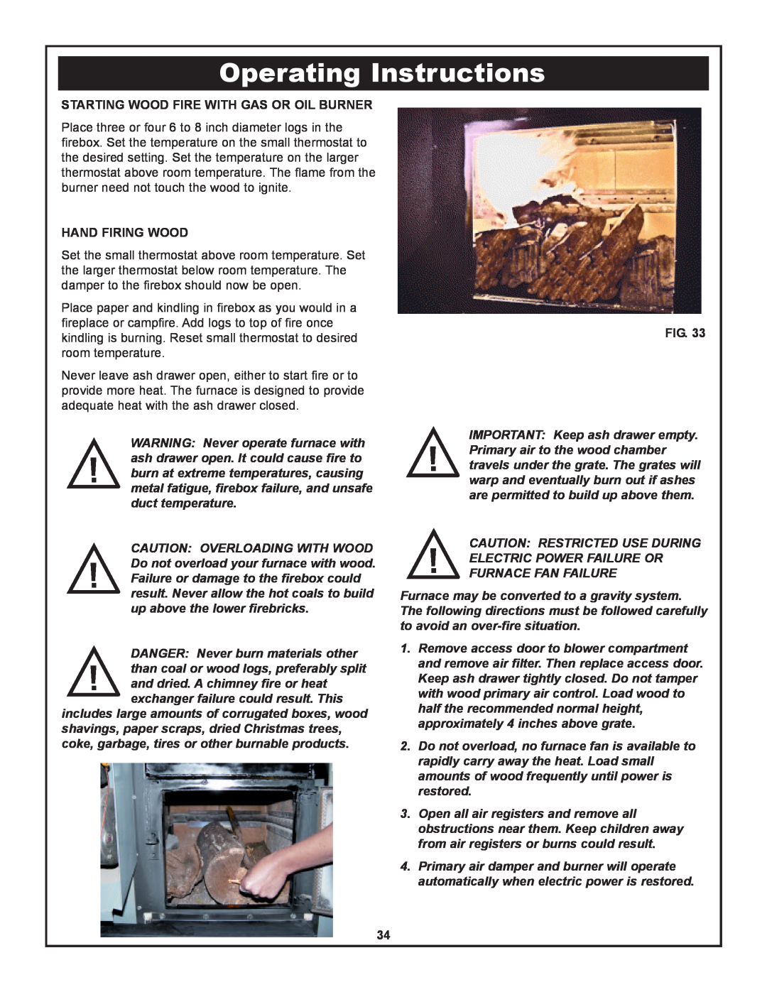 Yukon Advanced Optics Oil Furnace Operating Instructions, Starting Wood Fire With Gas Or Oil Burner, Hand Firing Wood 