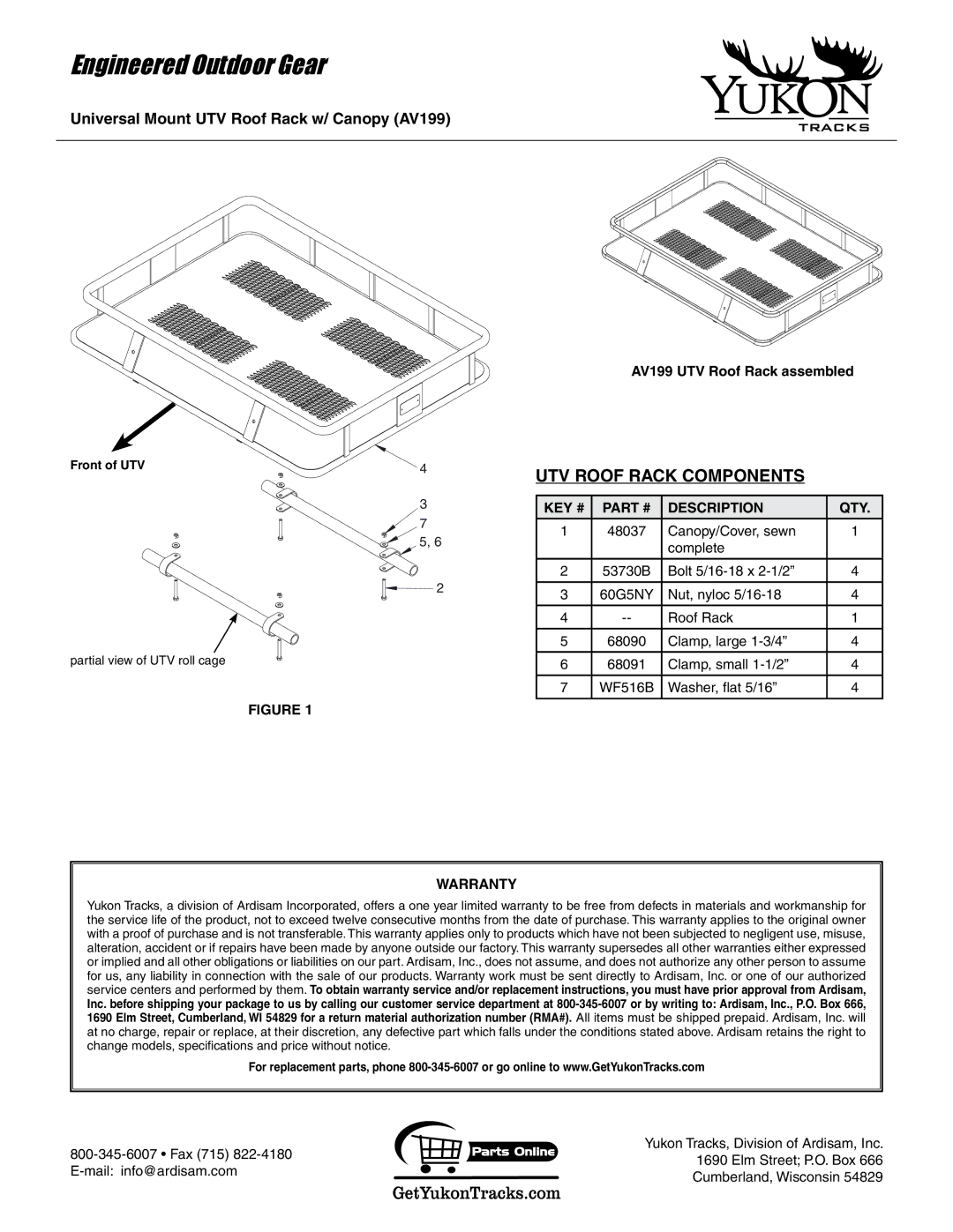 Yukon Tracks quick start UTV Roof Rack Components, AV199 UTV Roof Rack assembled, Key # Description Qty, Warranty 