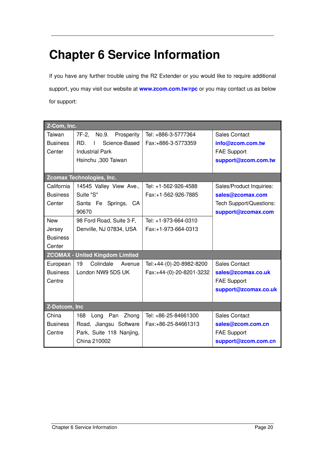 Z-Com R1 Extender manual Service Information, Com, Inc 