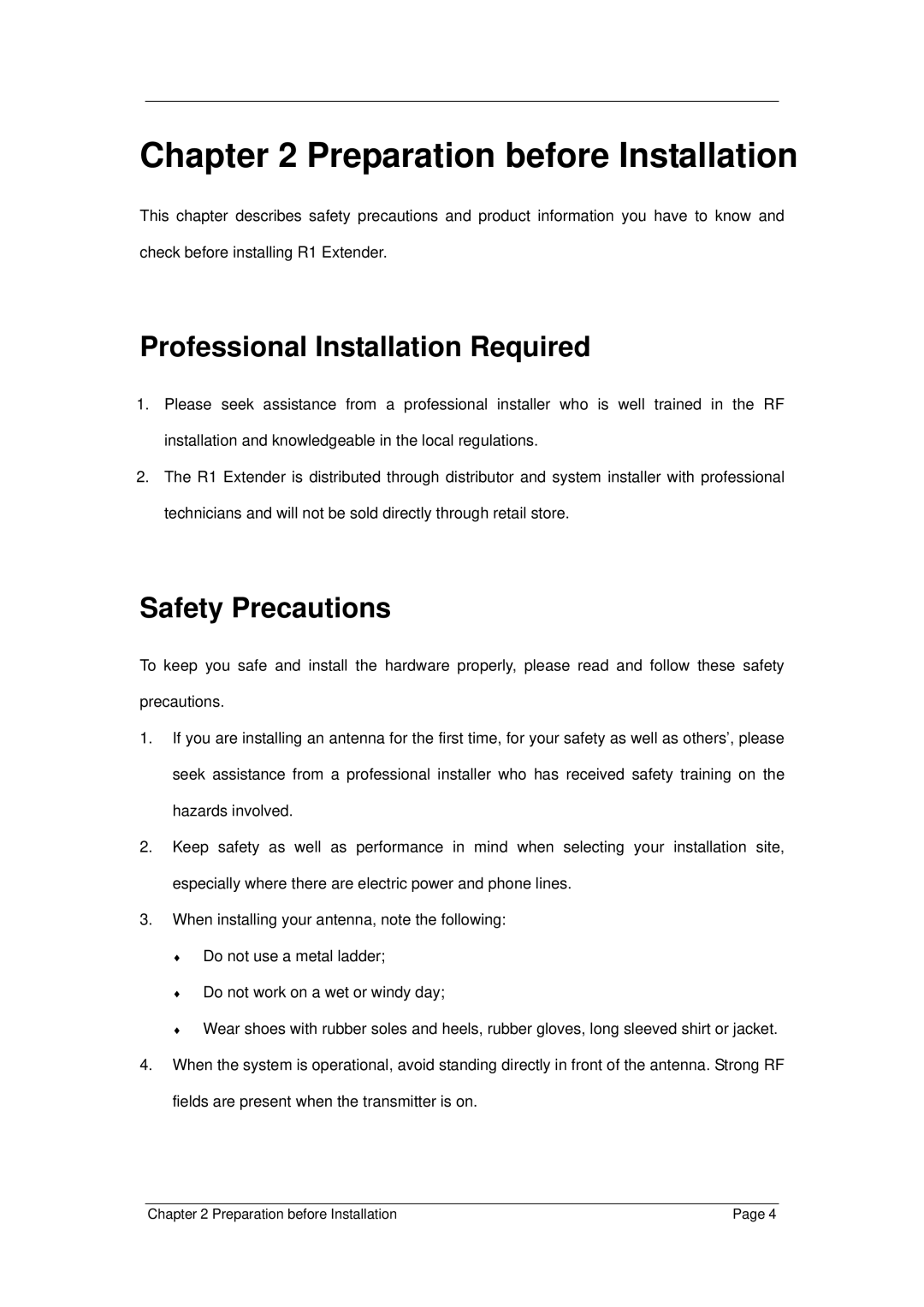 Z-Com R1 Extender manual Preparation before Installation, Professional Installation Required, Safety Precautions 