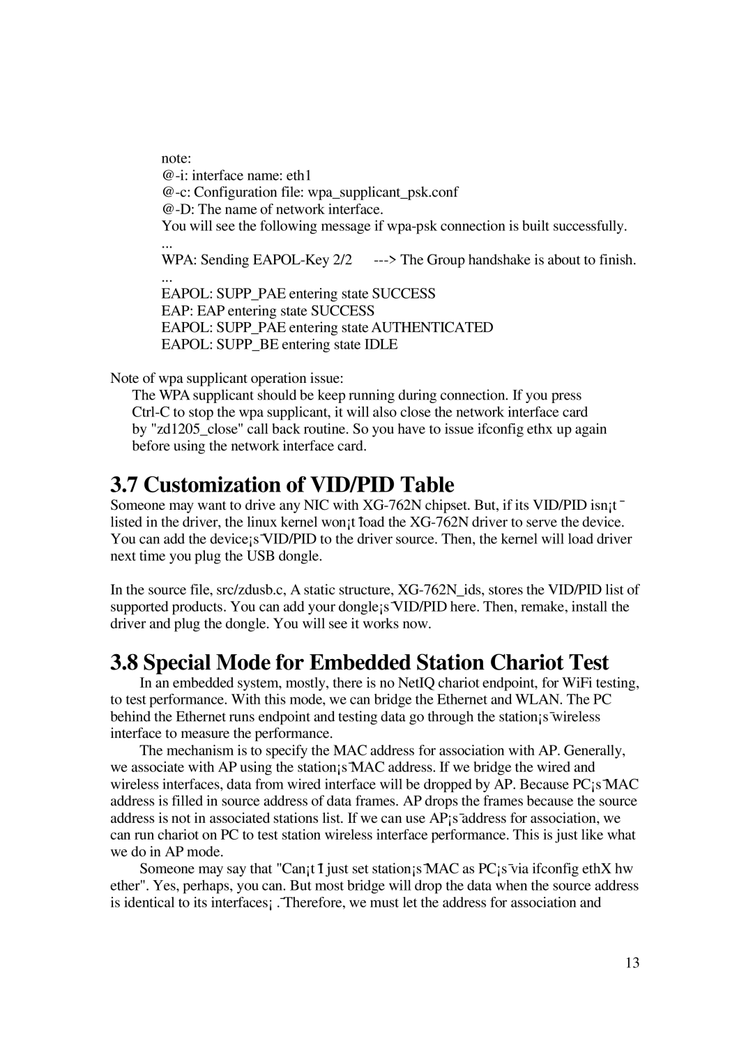 Z-Com XG-762N manual Customization of VID/PID Table, Special Mode for Embedded Station Chariot Test 