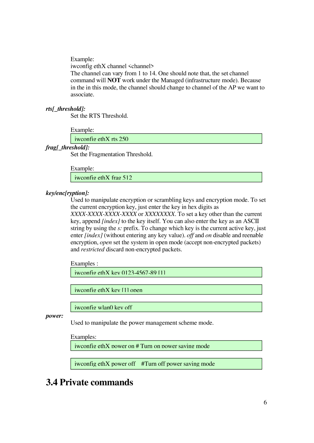 Z-Com XG-762N manual Private commands, Key/encryption 