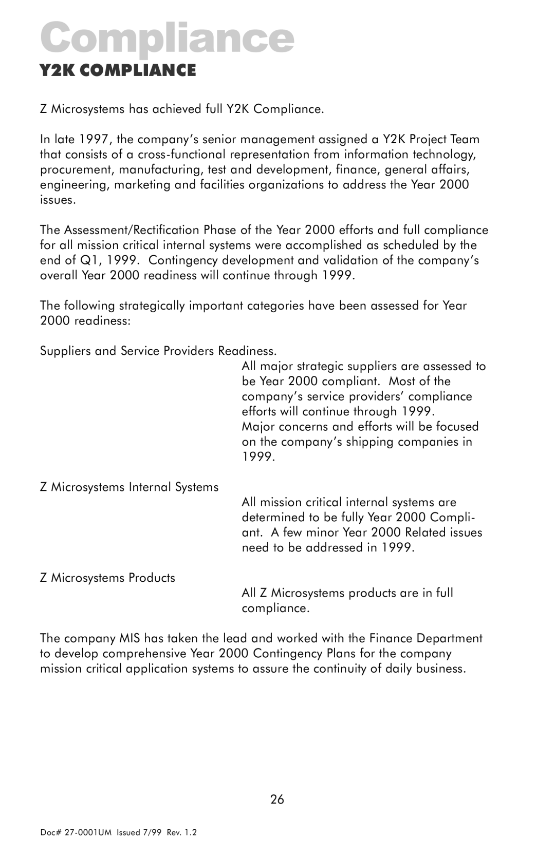 Z Microsystems 14 manual Y2K Compliance 