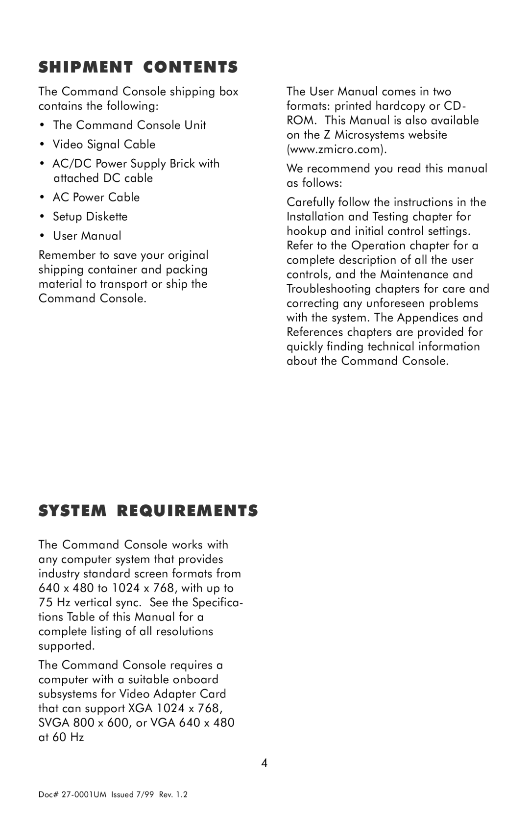 Z Microsystems 14 manual Shipment Contents, System Requirements 