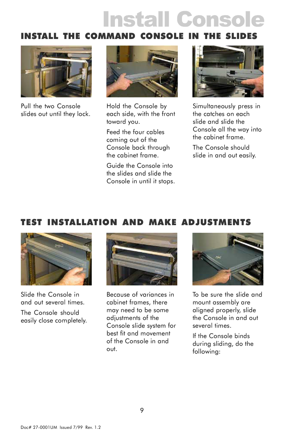 Z Microsystems 14 manual Install Console, Install the Command Console in the Slides, Test Installation and Make Adjustments 