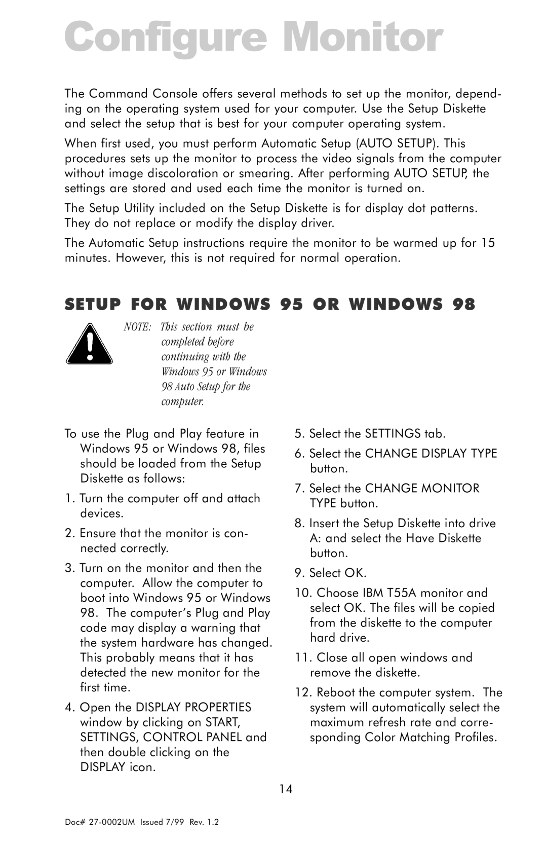 Z Microsystems 15 manual Configure Monitor, Setup for Windows 95 or Windows 