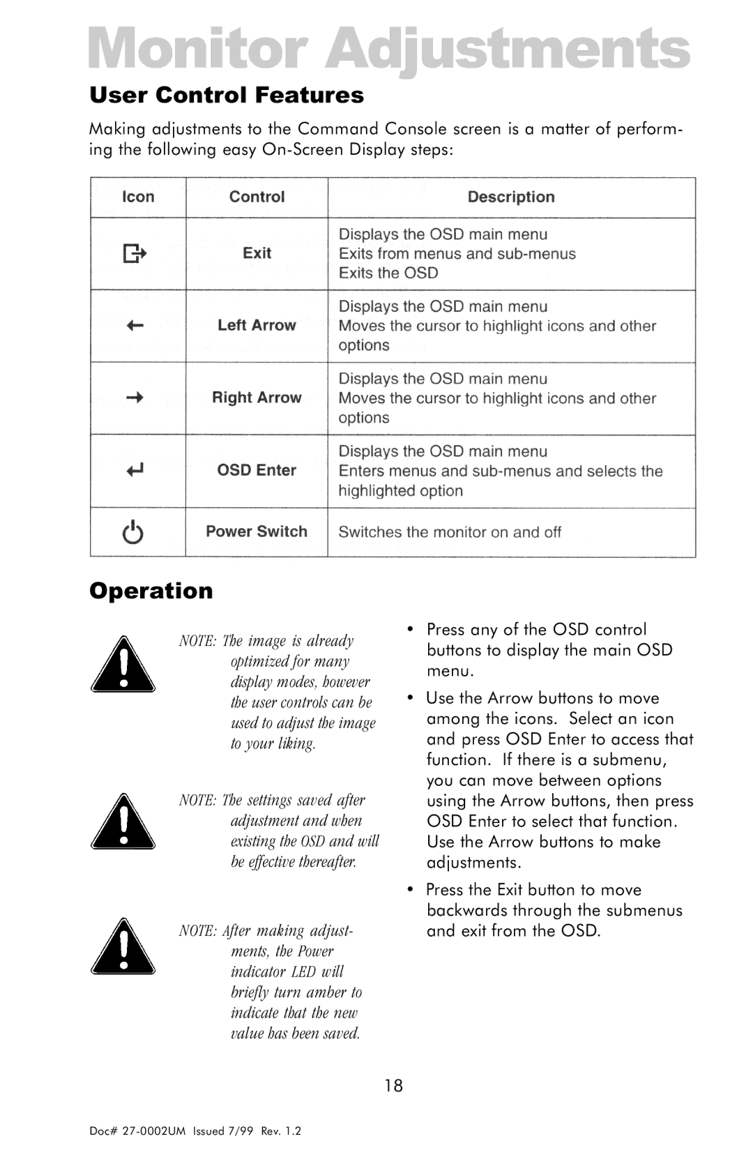 Z Microsystems 15 manual Monitor Adjustments, User Control Features 