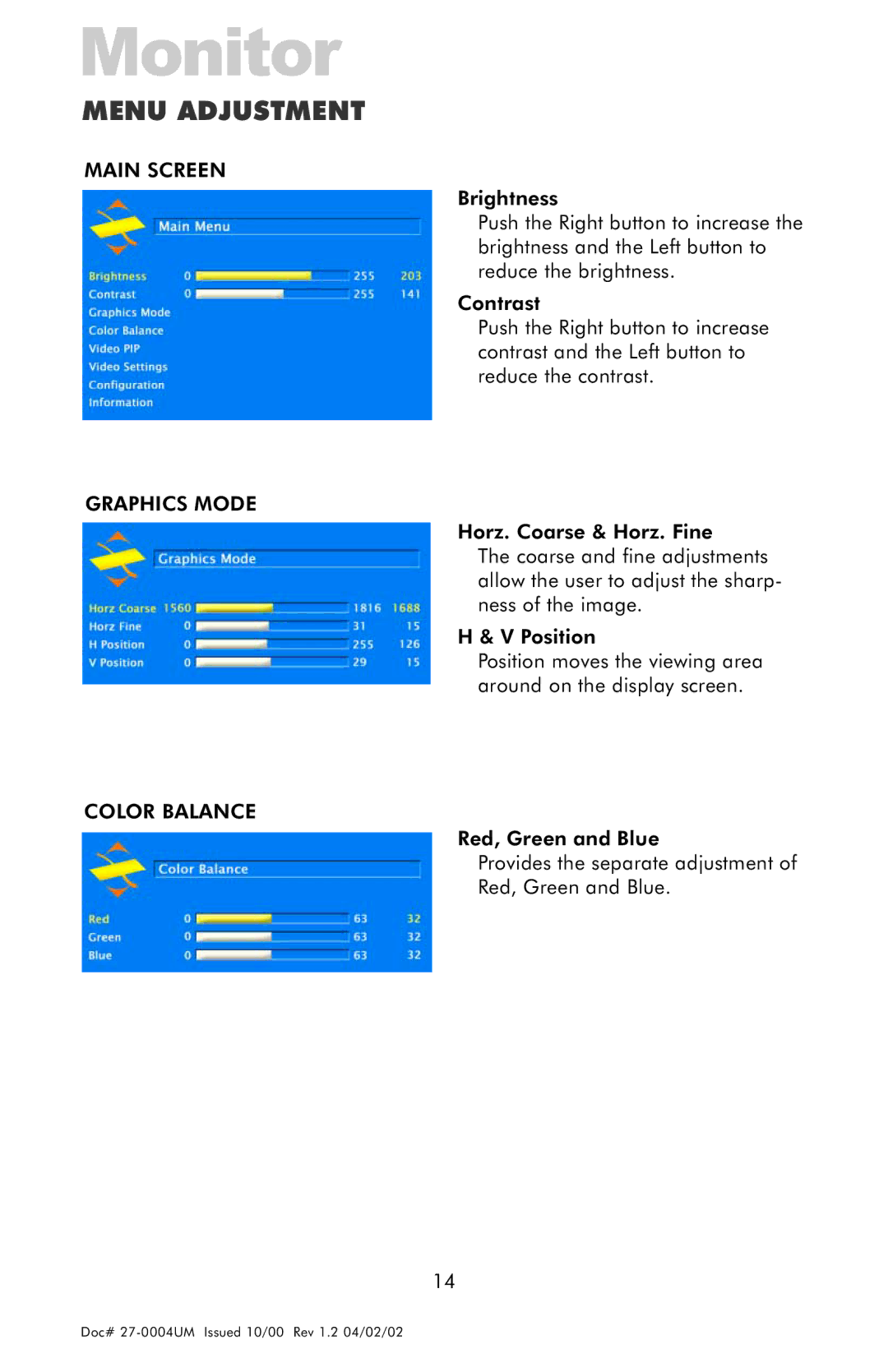 Z Microsystems 18 manual Menu Adjustment, Main Screen, Graphics Mode, Color Balance 