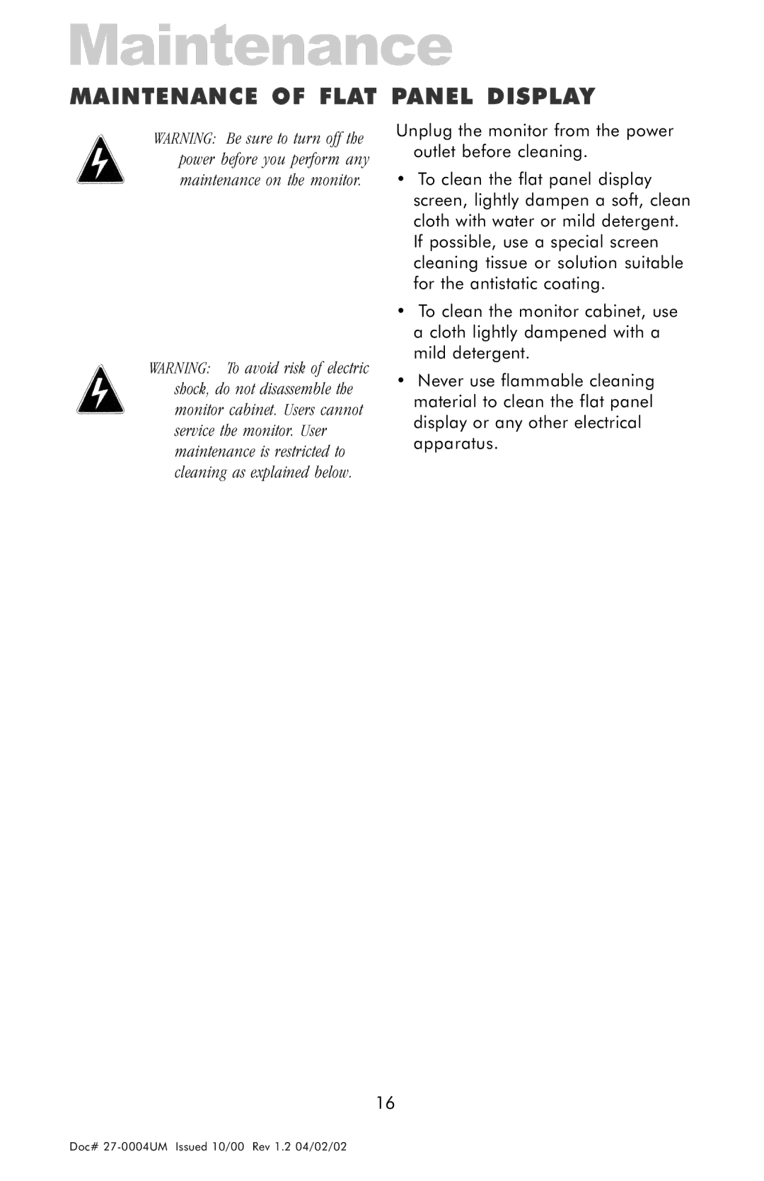 Z Microsystems 18 manual Maintenance of Flat Panel Display 